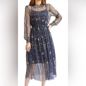 Navy and Gold Stars and Moon Embroidered Dress